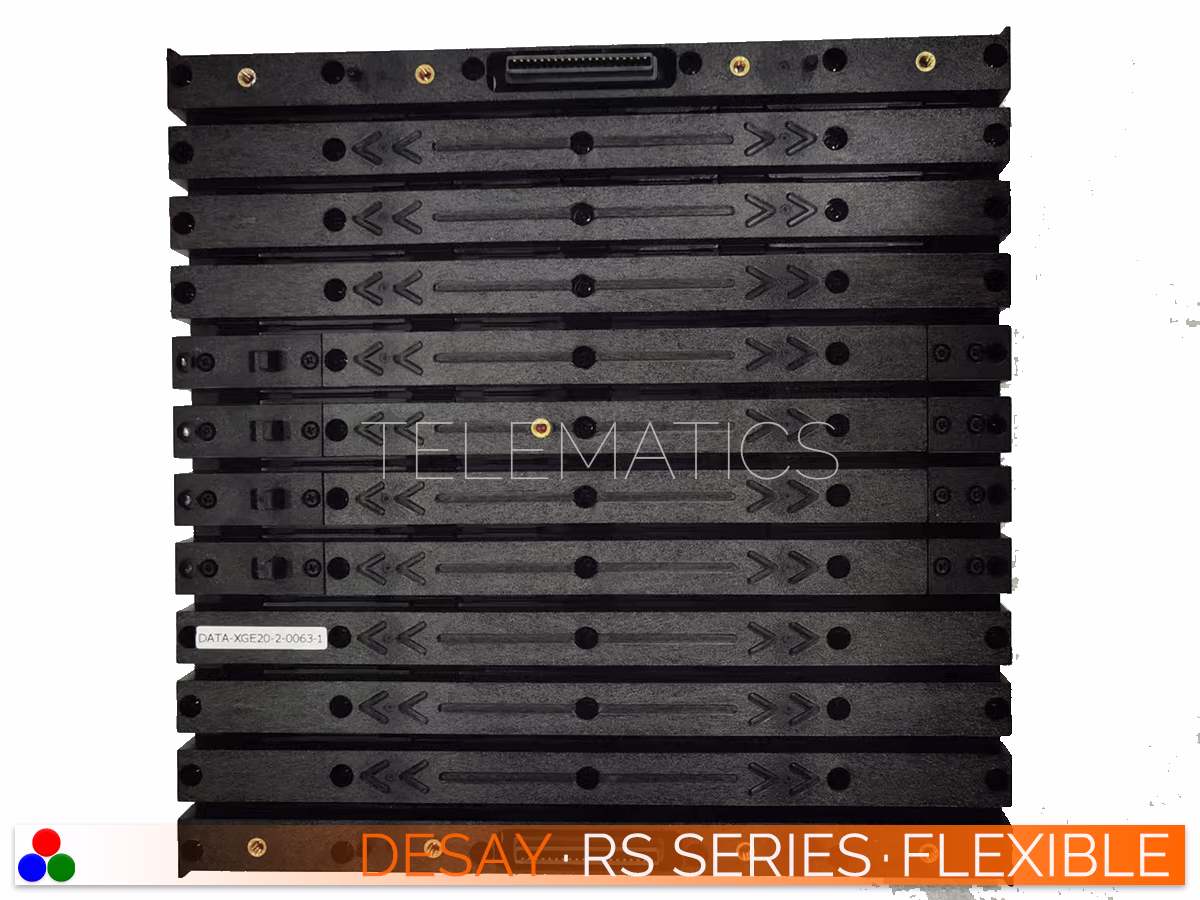 The Art Of LED · Desay RS Series · Telematics Canada Segmented horizontal rib design on the rear of a Desay RS Series flexible module, enabling the panel to bend concavely or convexly while supporting energy-saving NovaStar VMP software.
