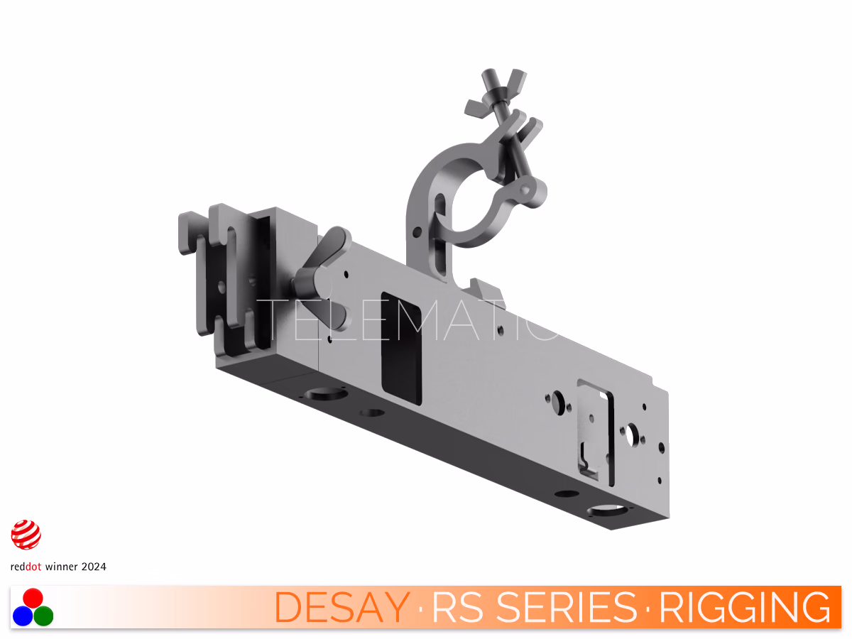 The Art Of LED · Desay RS Series · Telematics Canada Heavy-duty aluminum flybar for the Desay RS Series, equipped with a secure truss clamp and locking mechanism for the safe suspension of large-scale LED video walls.