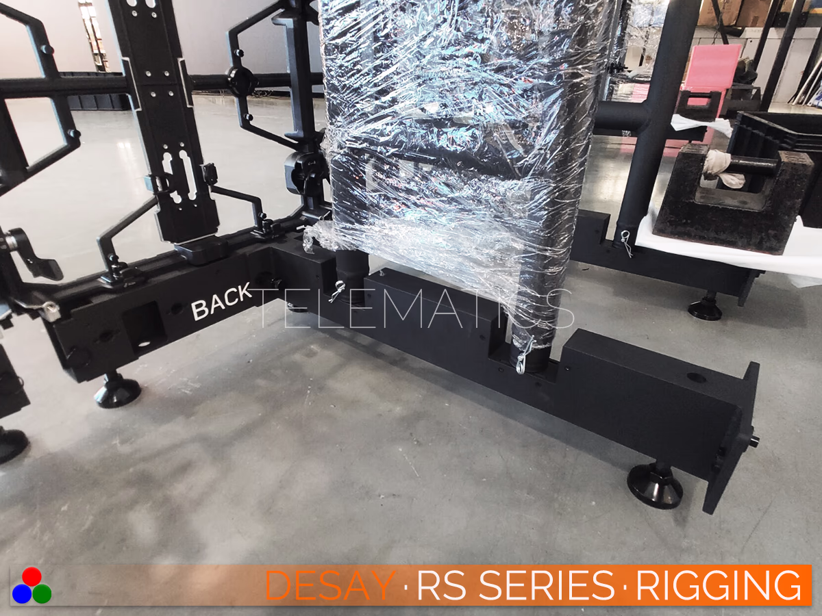 The Art Of LED · Desay RS Series · Telematics Canada Rear ballast and truss support detail on a Desay RS Series floor stand, highlighting the rugged construction designed to prevent tipping in temporary outdoor installations.