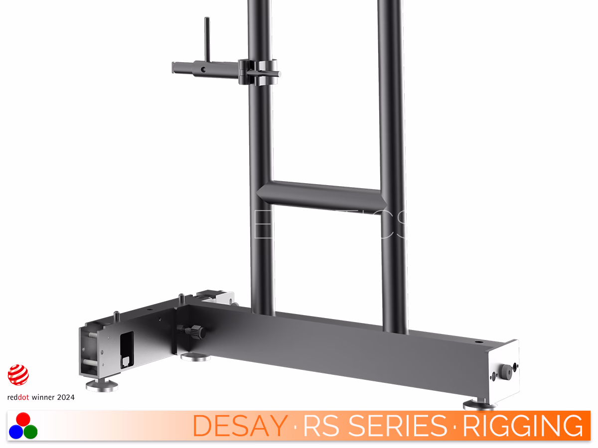 The Art Of LED · Desay RS Series · Telematics Canada Desay RS Series ground support footer featuring adjustable leveling feet and a robust truss connection point for stable floor-standing LED display configurations.