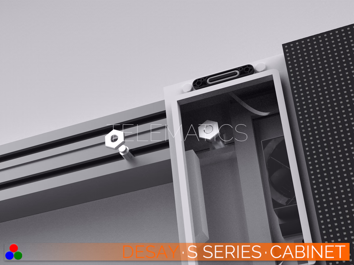 The Art Of LED · Desay S Series · Telematics Canada Close-up of Desay S Series secure locking mechanism and bolt assembly ensuring high structural integrity for fixed outdoor LED installations.