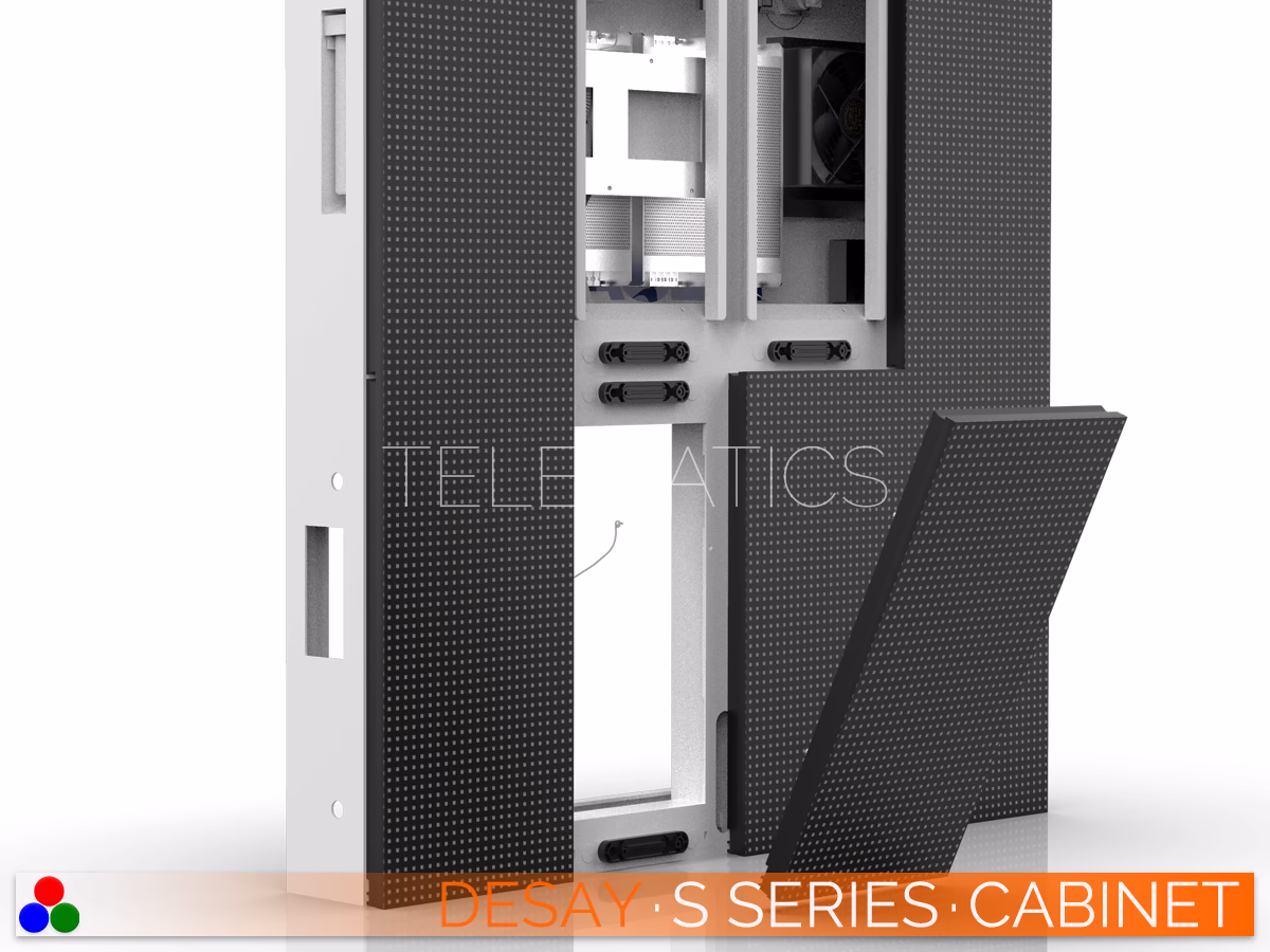 The Art Of LED · Desay S Series · Telematics Canada Desay S Series outdoor LED cabinet with detachable modules highlighting the front and rear dual-maintenance capability.