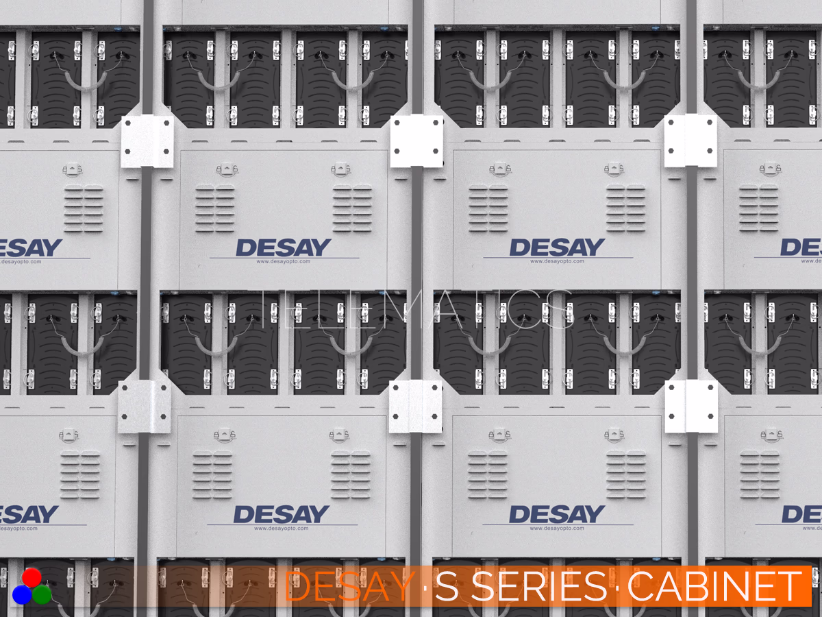 The Art Of LED · Desay S Series · Telematics Canada Array of Desay S Series outdoor LED cabinets showing the clean rear cabling and ruggedized weather protection.