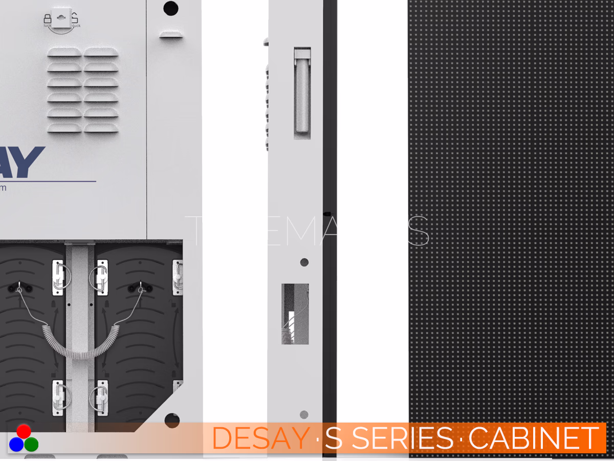 The Art Of LED · Desay S Series · Telematics Canada Side profile of the Desay S Series outdoor LED cabinet showing the slim depth and side-locking connection points.