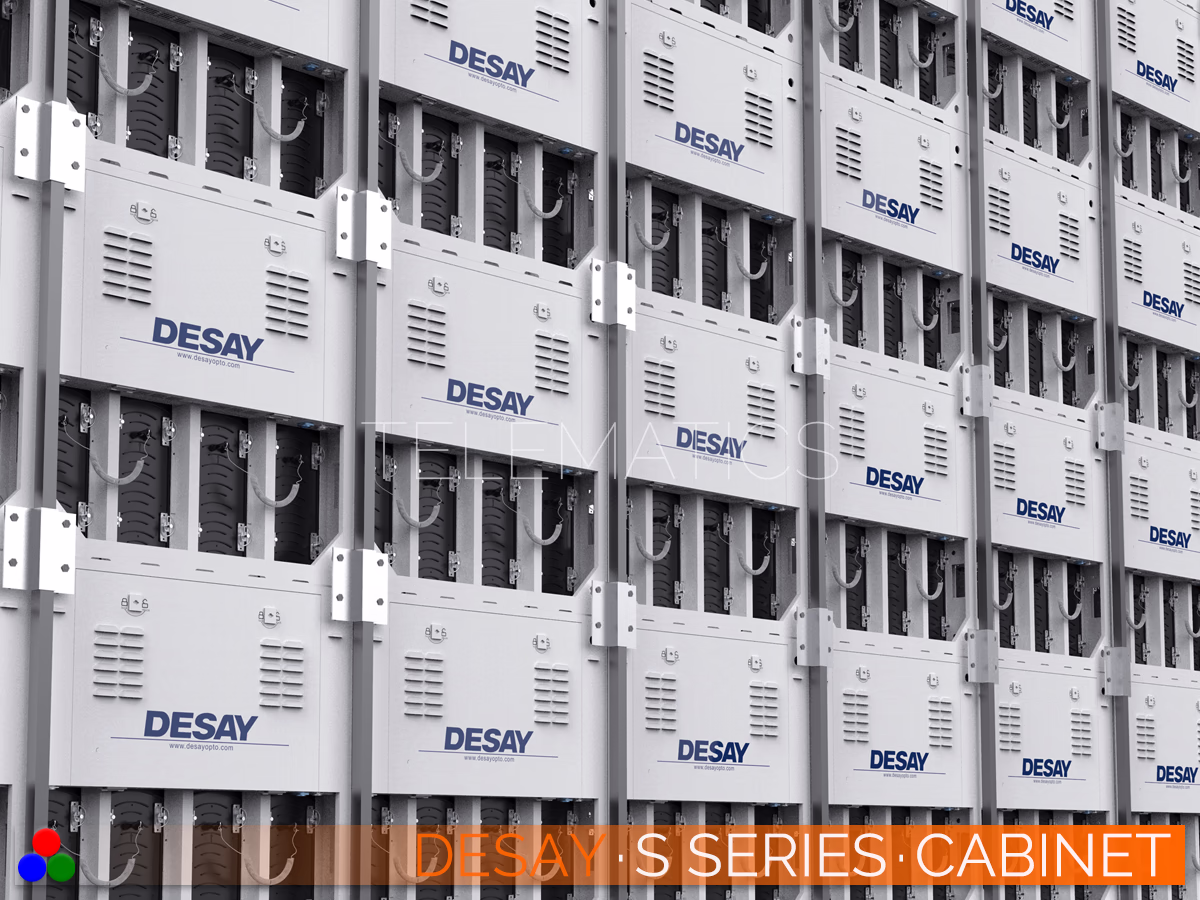 The Art Of LED · Desay S Series · Telematics Canada Desay S Series rugged outdoor LED display cabinets stacked showing the custom aluminum housing and rear ventilation for efficient heat dissipation.