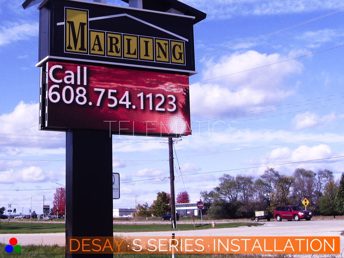 The Art Of LED · Desay S Series · Telematics Canada Desay S Series outdoor digital signage display integrated into a retail pylon sign showing clear text and graphics for roadside advertising.