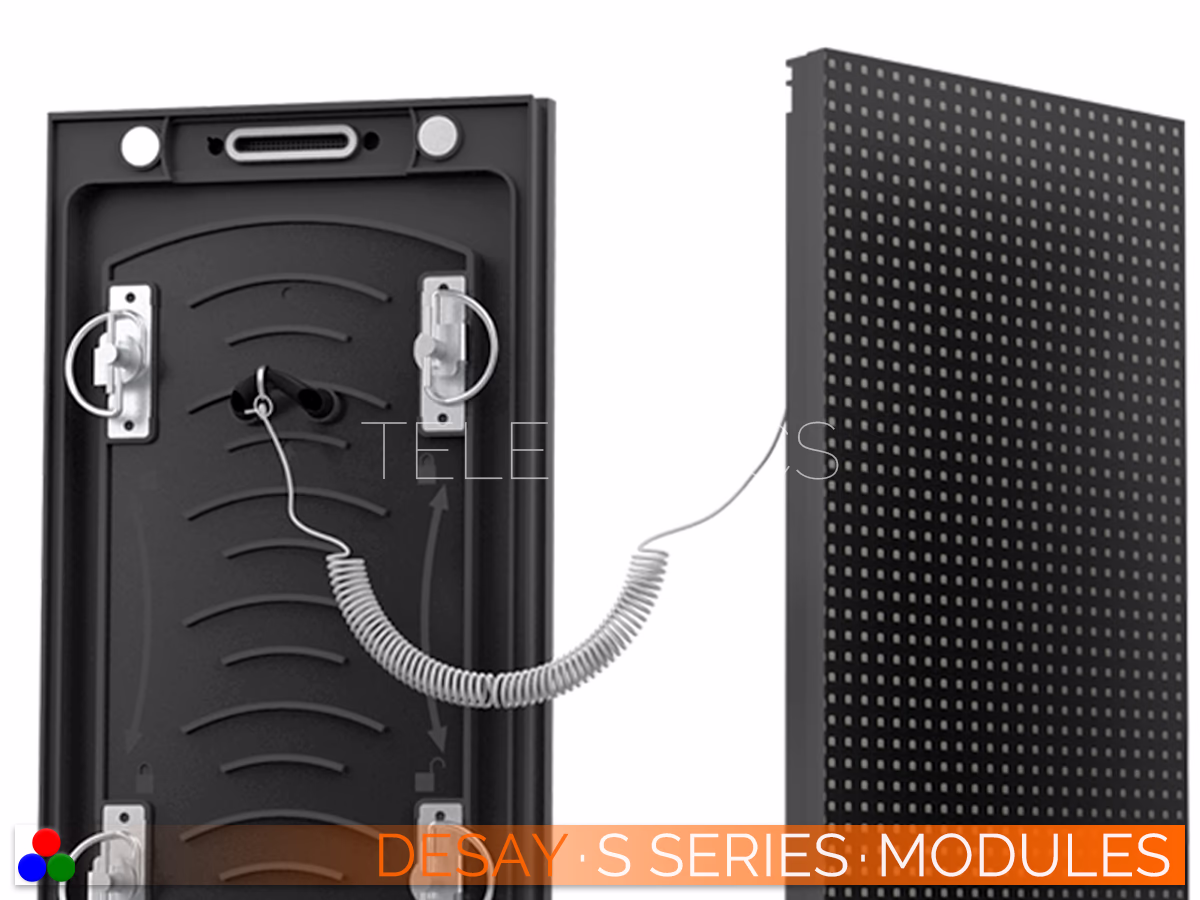 The Art Of LED · Desay S Series · Telematics Canada Desay S Series outdoor LED module rear view featuring dual spring-loaded locking mechanisms and safety cables for secure high-altitude installation.