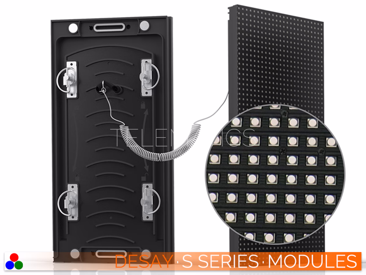 The Art Of LED · Desay S Series · Telematics Canada Desay S Series SMD LED module with front protective shader mask and rear safety cable ensuring durability in harsh outdoor weather conditions.