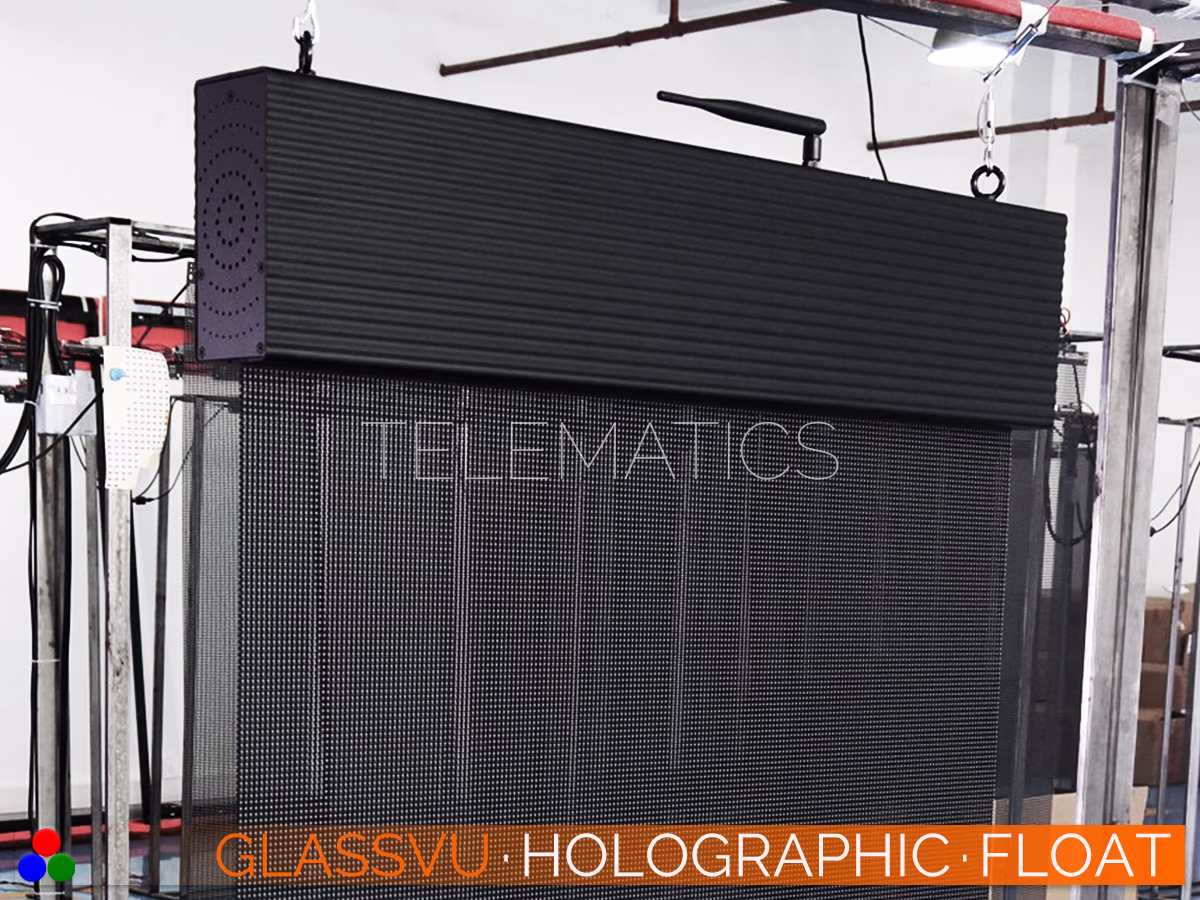 GlassVu Holographic Float suspended transparent LED screen functioning as overhead digital signage for retail window displays.